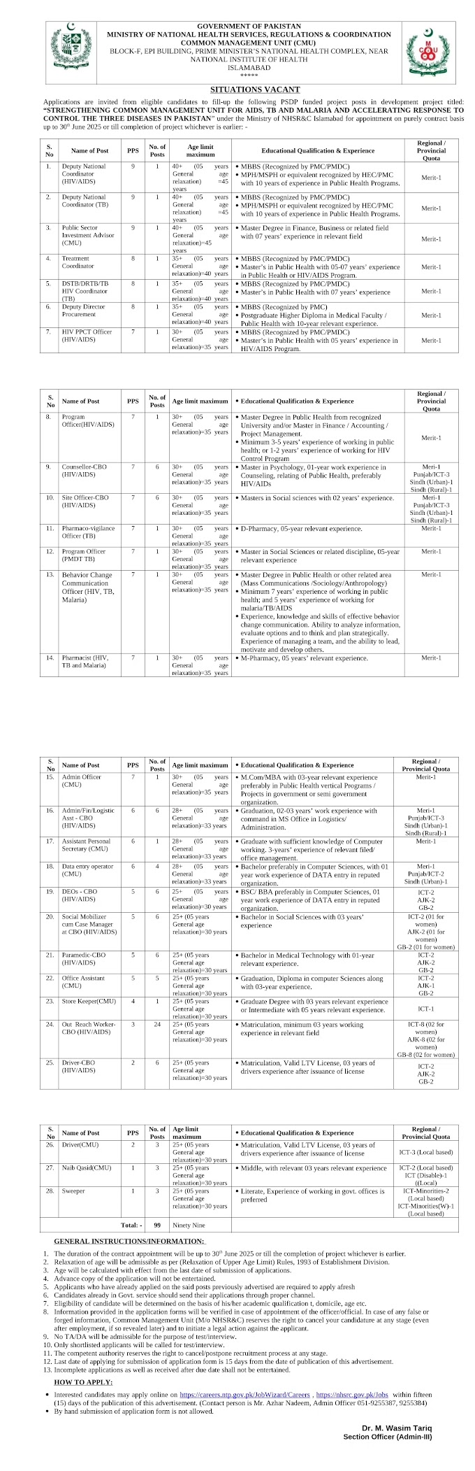 Minsitry of National Health Services Latest Jobs 2024 Online Apply